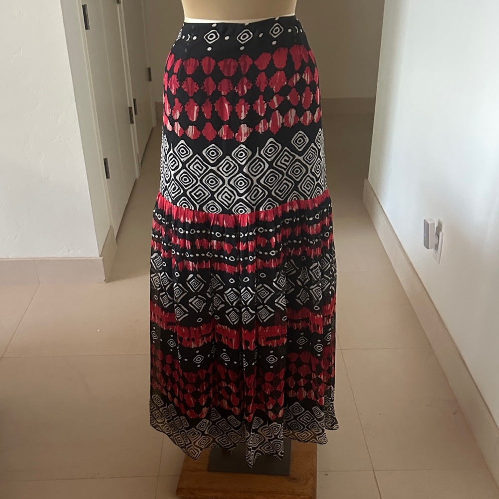 Boston Proper Black, Red and White Geometric Tiered Maxi Skirt